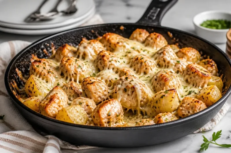 Garlic Parmesan Chicken and Potatoes Skillet dish served in a pan