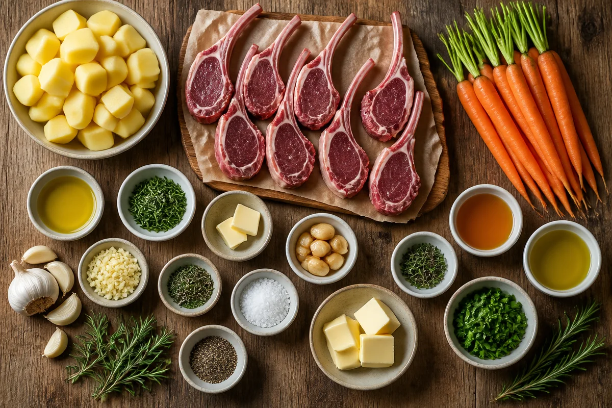 Garlic Rosemary Lamb Chops with Creamy Mashed Potatoes & Honey Roasted Carrots