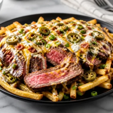 Delicious grilled steak fries topped with cheese and green onions at a BBQ
