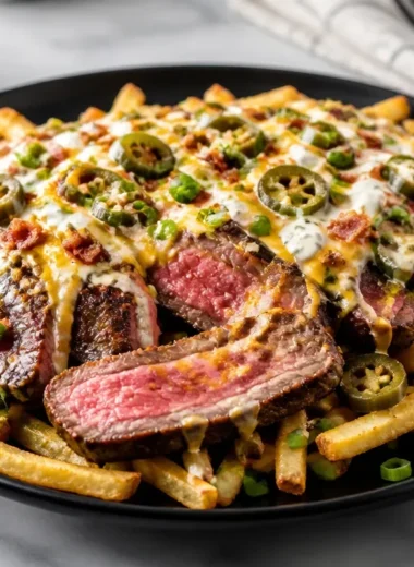 Delicious grilled steak fries topped with cheese and green onions at a BBQ