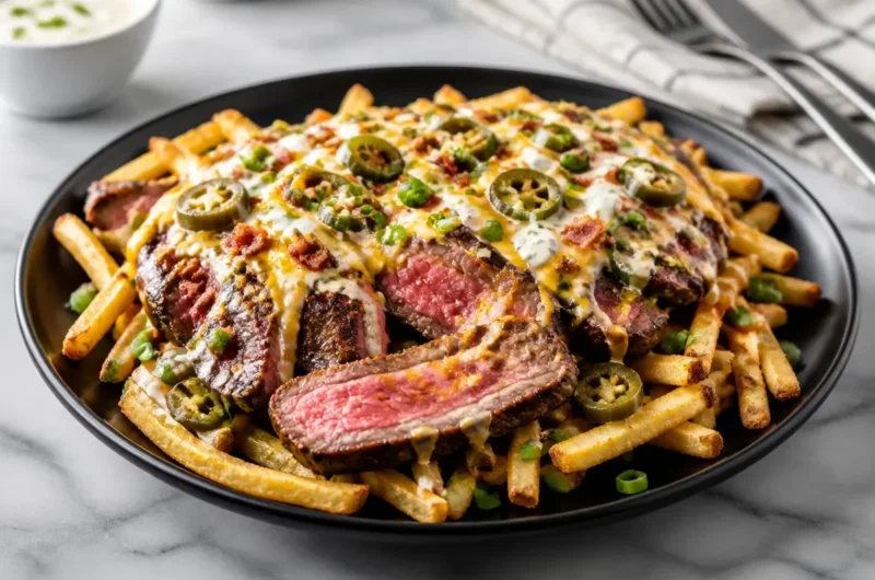 Delicious grilled steak fries topped with cheese and green onions at a BBQ