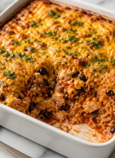 High Protein Southwest Chicken Casserole in a delicious baked dish