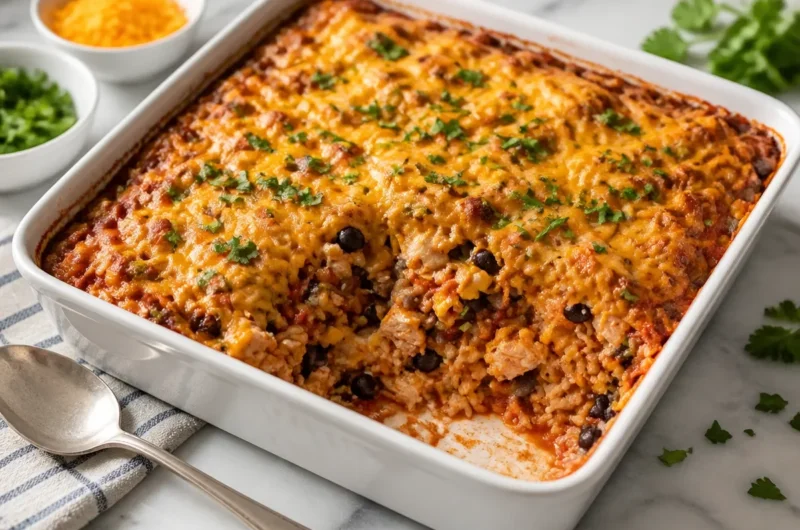 High Protein Southwest Chicken Casserole in a delicious baked dish