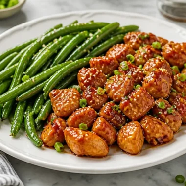 Honey Garlic Chicken served with green beans on a plate