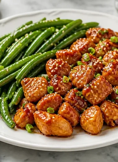 Honey Garlic Chicken served with green beans on a plate