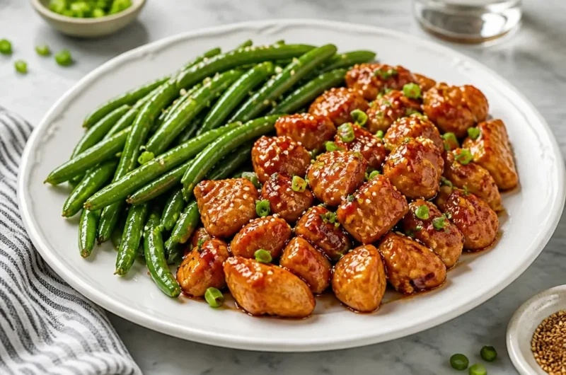 Honey Garlic Chicken served with green beans on a plate