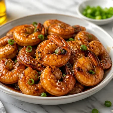 Stir-fried honey garlic shrimp served on a plate with sesame seeds and green onions