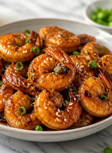 Stir-fried honey garlic shrimp served on a plate with sesame seeds and green onions