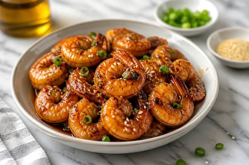 Stir-fried honey garlic shrimp served on a plate with sesame seeds and green onions