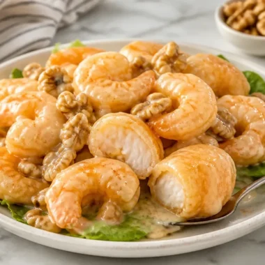 Delicious Honey Walnut Shrimp served with crispy shrimp and honey sauce