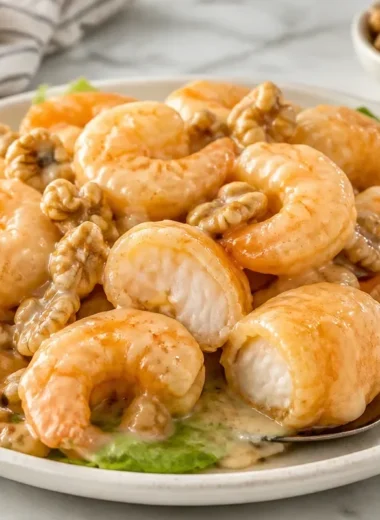 Delicious Honey Walnut Shrimp served with crispy shrimp and honey sauce