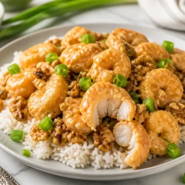 Delicious Honey Walnut Shrimp topped with crunchy walnuts, served on a plate.