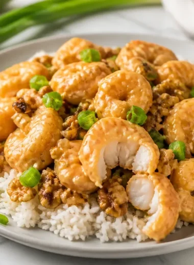 Delicious Honey Walnut Shrimp topped with crunchy walnuts, served on a plate.