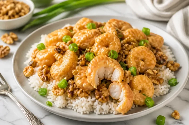 Delicious Honey Walnut Shrimp topped with crunchy walnuts, served on a plate.
