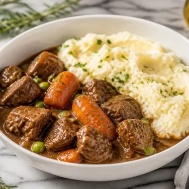 Delicious Irish stew served with creamy mashed potatoes