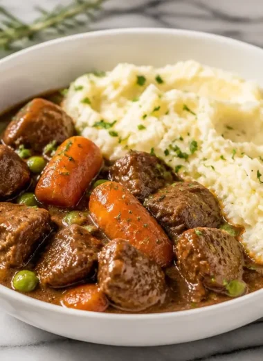 Delicious Irish stew served with creamy mashed potatoes