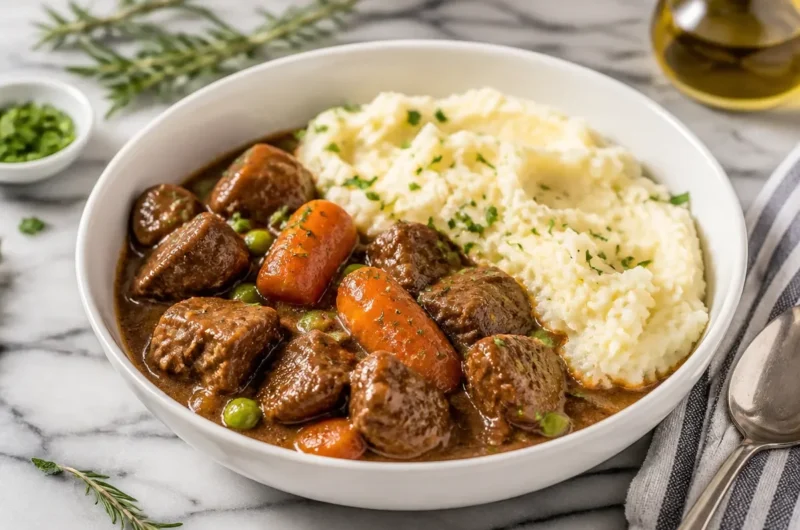 Delicious Irish stew served with creamy mashed potatoes