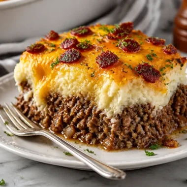 Homemade meatloaf served with creamy mashed potatoes and melted cheese