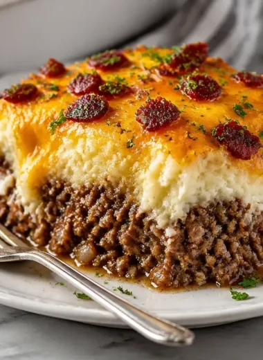 Homemade meatloaf served with creamy mashed potatoes and melted cheese