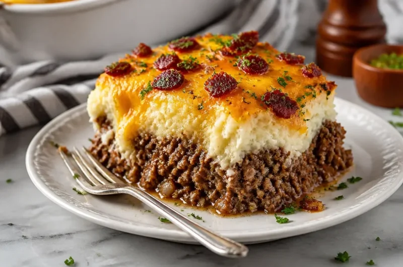 Homemade meatloaf served with creamy mashed potatoes and melted cheese