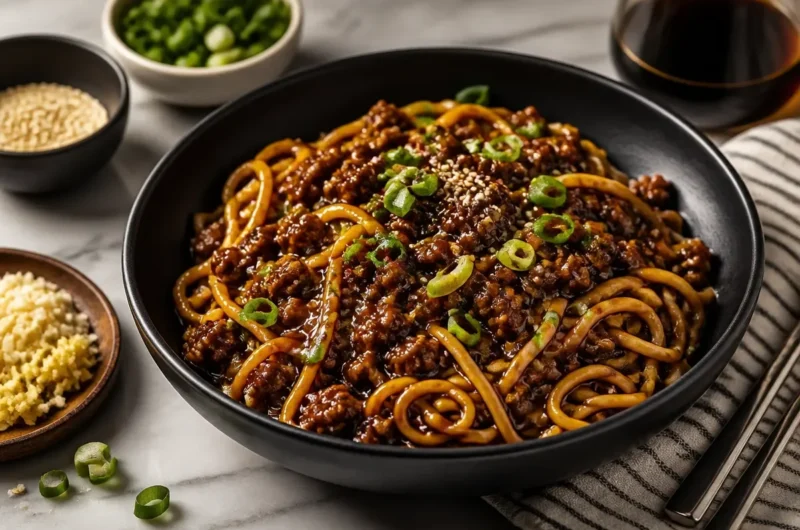 Mongolian Ground Beef Noodles garnished with vegetables in a bowl