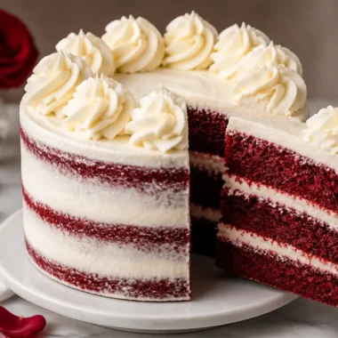 Naked Red Velvet Cake from In Bloom Bakery topped with cream cheese frosting.