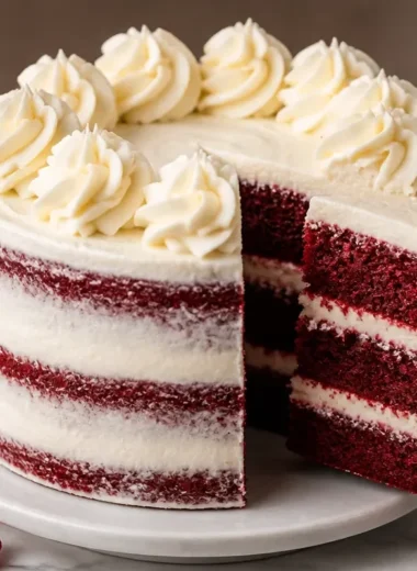 Naked Red Velvet Cake from In Bloom Bakery topped with cream cheese frosting.