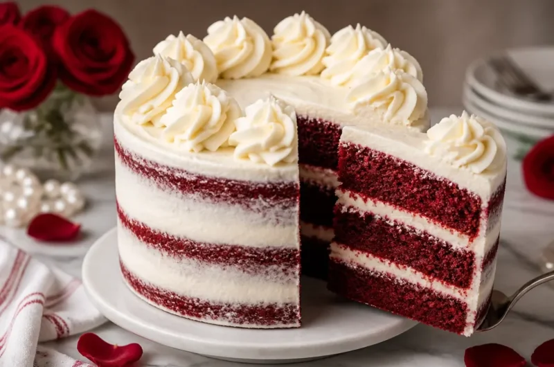 Naked Red Velvet Cake from In Bloom Bakery topped with cream cheese frosting.