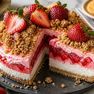 No-Bake Strawberry Crunch Cheesecake topped with fresh strawberries and crunchy layers
