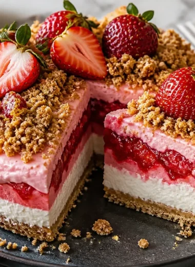No-Bake Strawberry Crunch Cheesecake topped with fresh strawberries and crunchy layers
