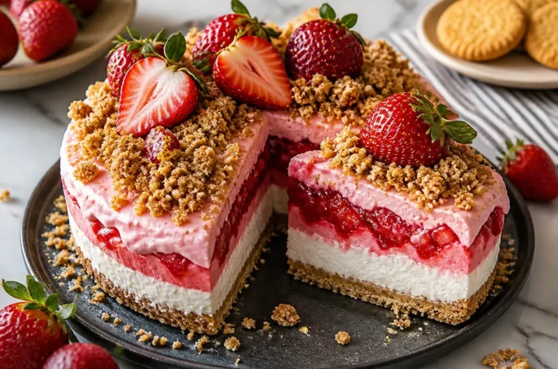 No-Bake Strawberry Crunch Cheesecake topped with fresh strawberries and crunchy layers