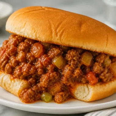 Delicious old-fashioned Sloppy Joes on a bun with pickles on a plate