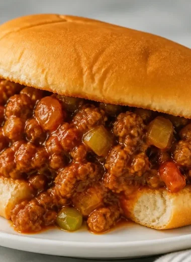 Delicious old-fashioned Sloppy Joes on a bun with pickles on a plate