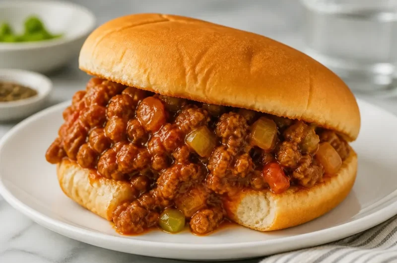 Delicious old-fashioned Sloppy Joes on a bun with pickles on a plate