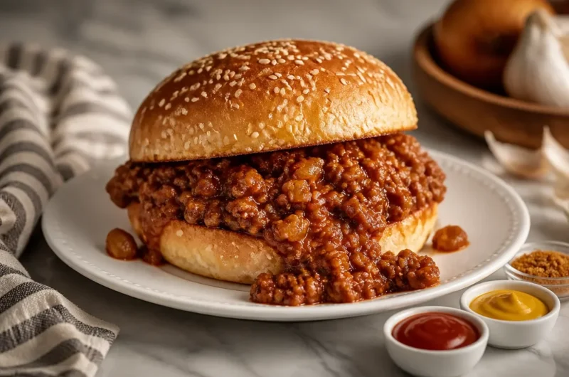 Classic old-school sloppy joes on a plate ready to serve.