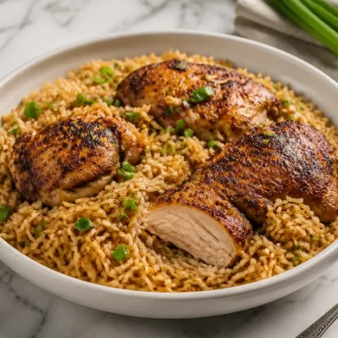 One Pot Chicken and Rice served in a bowl with vegetables and herbs