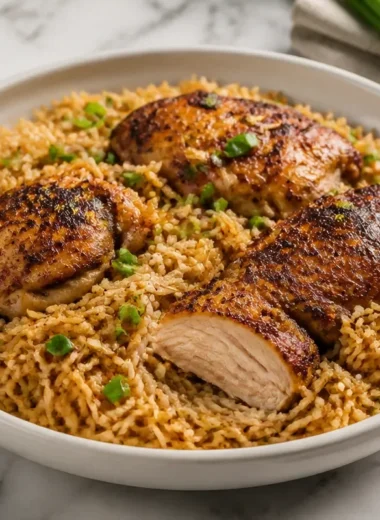 One Pot Chicken and Rice served in a bowl with vegetables and herbs