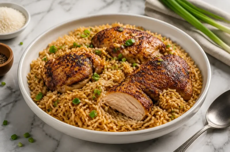 One Pot Chicken and Rice served in a bowl with vegetables and herbs