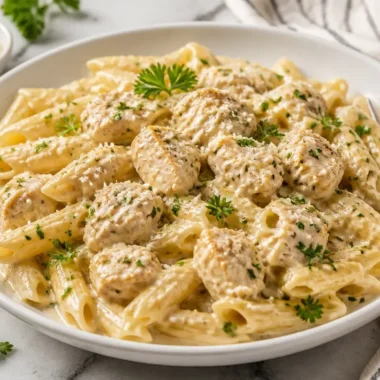 One Pot Chicken Pasta with vegetables and herbs in a creamy sauce