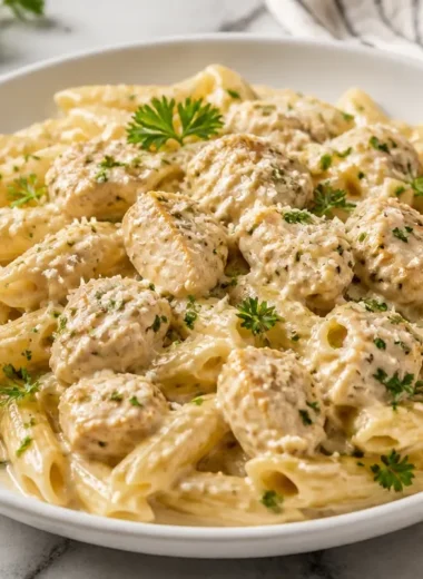 One Pot Chicken Pasta with vegetables and herbs in a creamy sauce