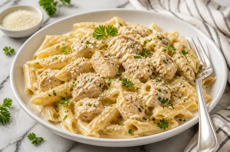 One Pot Chicken Pasta with vegetables and herbs in a creamy sauce