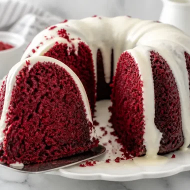 Red Velvet Bundt Cake drizzled with Cream Cheese Glaze on a white plate