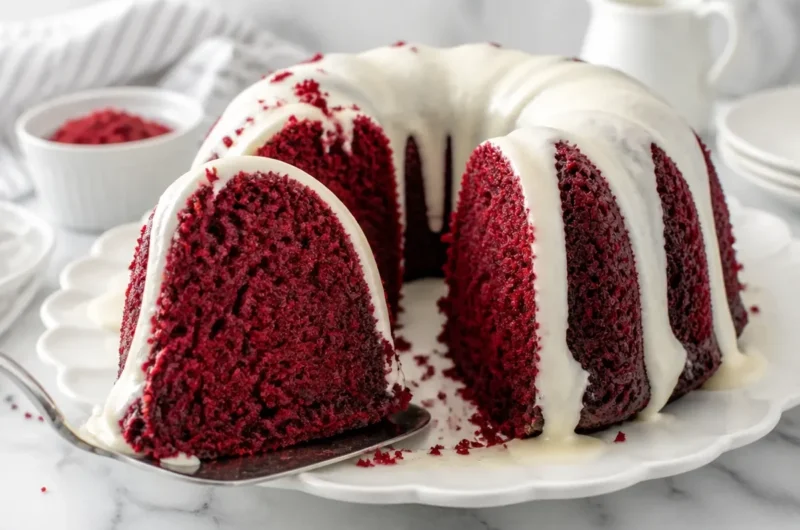 Red Velvet Bundt Cake drizzled with Cream Cheese Glaze on a white plate