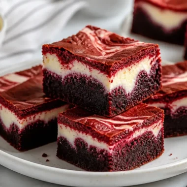 Red velvet cheesecake swirl brownies with a rich marbled texture and creamy topping.