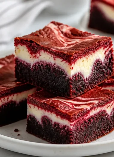 Red velvet cheesecake swirl brownies with a rich marbled texture and creamy topping.