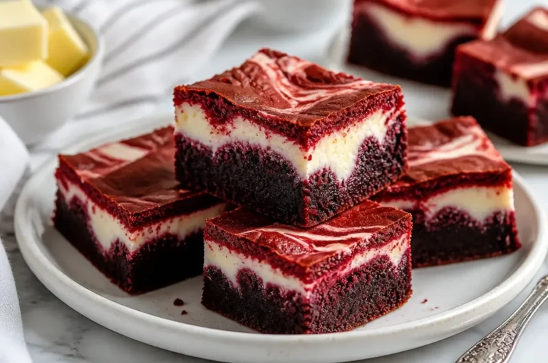 Red velvet cheesecake swirl brownies with a rich marbled texture and creamy topping.