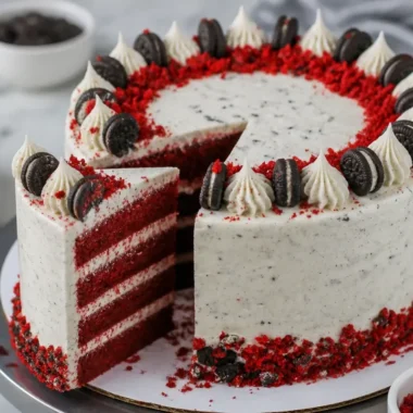 Homemade Red Velvet Oreo Cake with cream cheese frosting and Oreo cookies