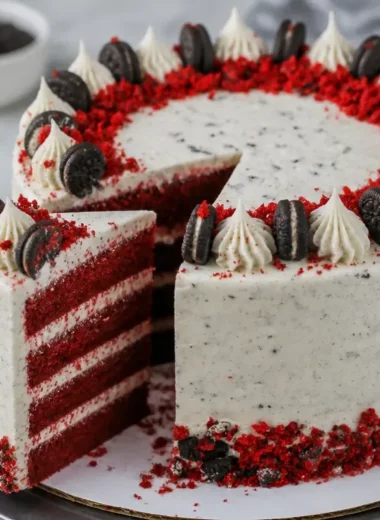 Homemade Red Velvet Oreo Cake with cream cheese frosting and Oreo cookies