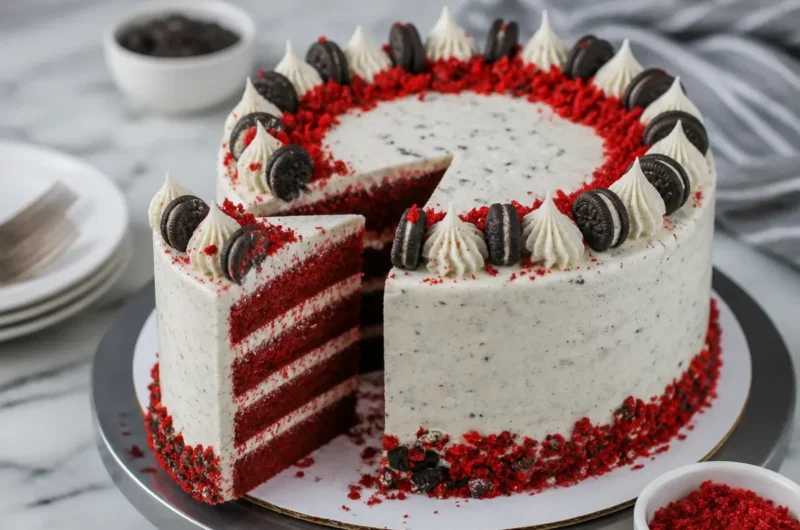 Homemade Red Velvet Oreo Cake with cream cheese frosting and Oreo cookies