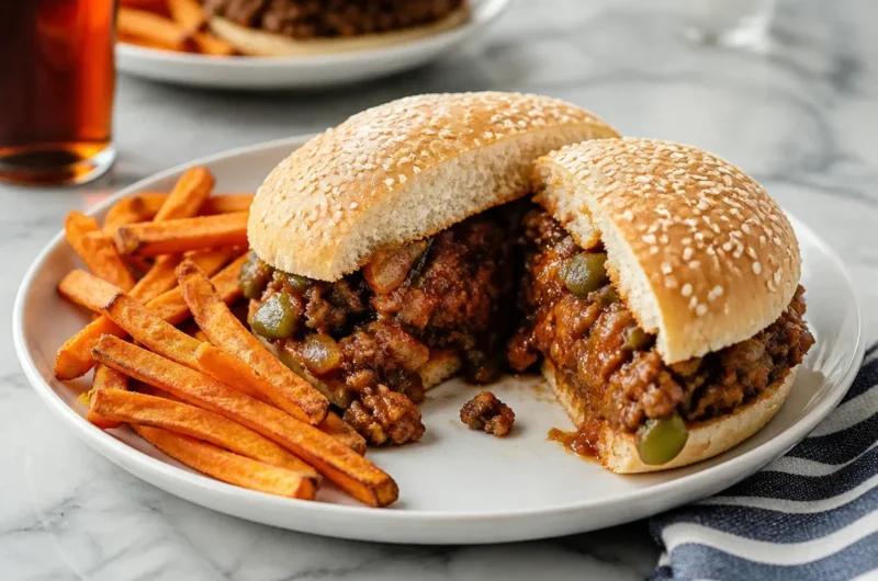 Delicious Root Beer Sloppy Joes served on a bun with flavorful toppings.